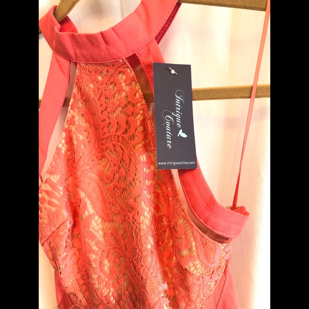 Turtle neck Lace Mini coral pink dress 🍉